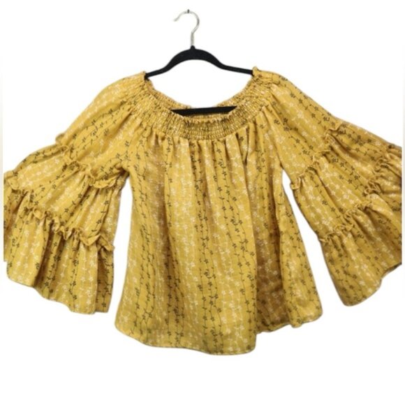 Umgee Yellow Floral Smocked Ruffled Boho Cottagecore Blouse Top - Picture 1 of 6